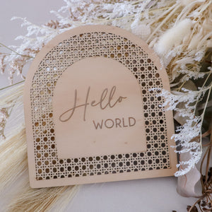 Wooden Rattan Hello World Birth Announcement Disc